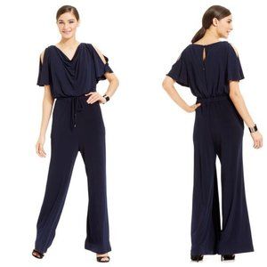 Vince Camuto Navy Wide Leg Cowl Neck Cold Shoulder Dolman Drawstring Jumpsuit XS